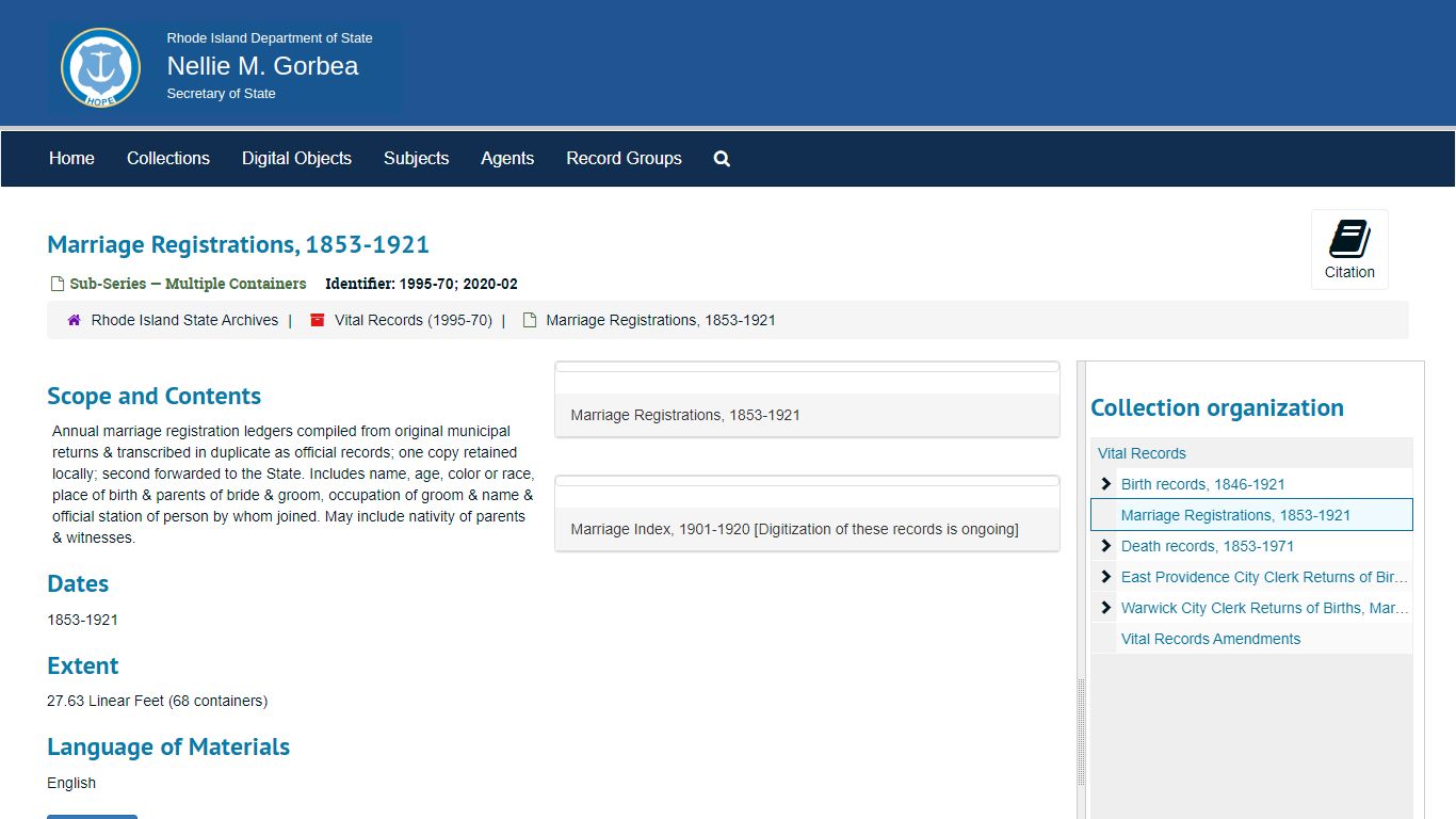 Marriage Registrations, 1853-1921 - Rhode Island